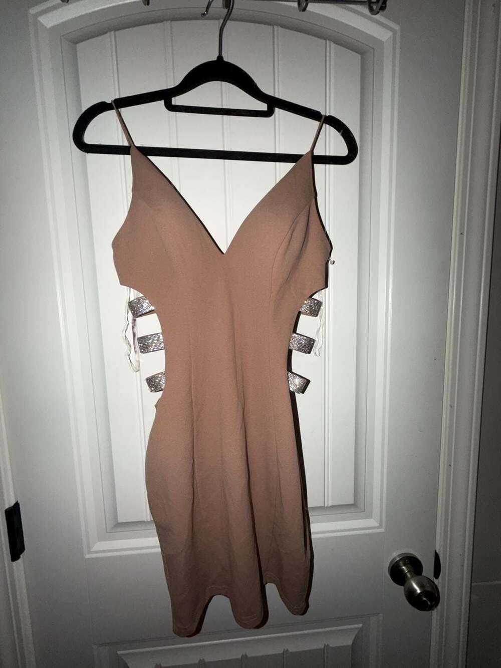 Windsor Nude V-Neck Mini Dress with Rhinestone Side Cutouts